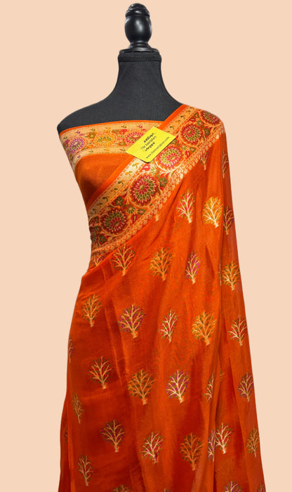 Italian Orange Pure Khaddi Chiffon Banarasi Saree - Meenakari Work