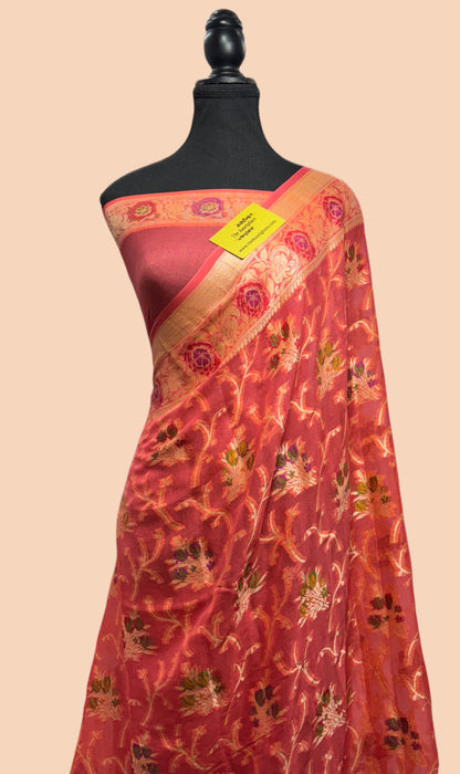 Onion Pink Pure Khaddi Chiffon Banarasi Saree - Meenakari Work