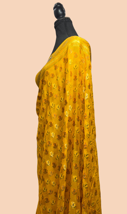 French Yellow Pure Khaddi Chiffon Banarasi Saree - Meenakari Work