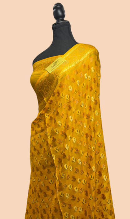 French Yellow Pure Khaddi Chiffon Banarasi Saree - Meenakari Work