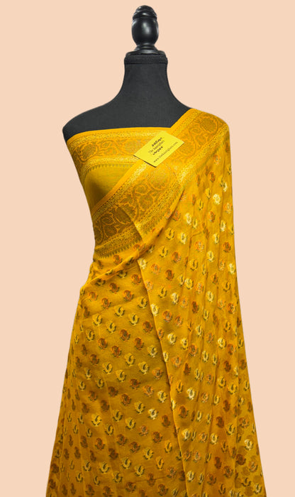 French Yellow Pure Khaddi Chiffon Banarasi Saree - Meenakari Work