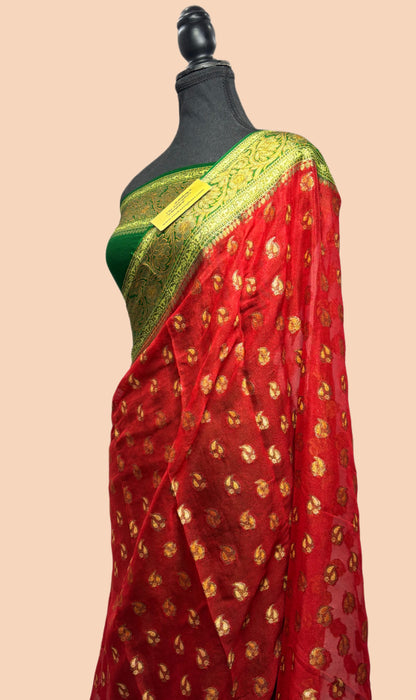 Red with Green Pure Khaddi Chiffon Banarasi Saree - Antique zari
