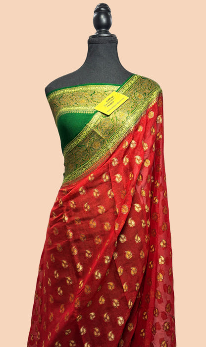 Red with Green Pure Khaddi Chiffon Banarasi Saree - Antique zari