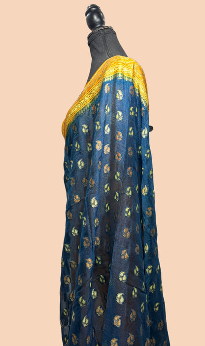 Midnight With Mustard Pure Khaddi Chiffon Banarasi Saree - Antique Zari