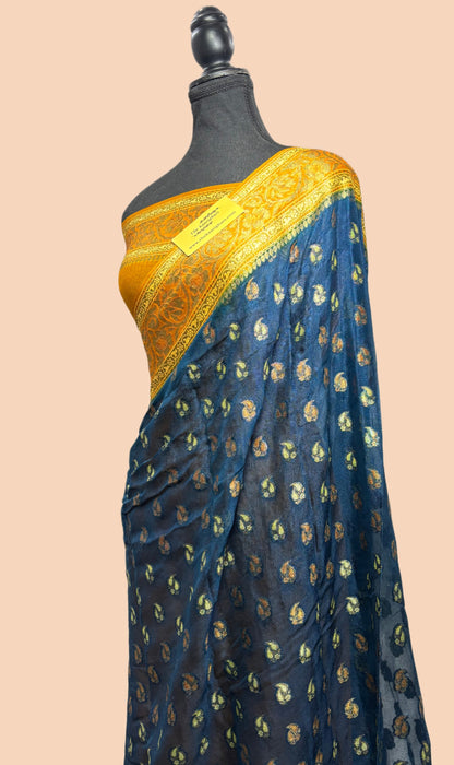 Midnight With Mustard Pure Khaddi Chiffon Banarasi Saree - Antique Zari