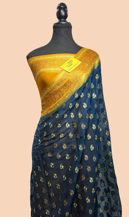 Midnight With Mustard Pure Khaddi Chiffon Banarasi Saree - Antique Zari