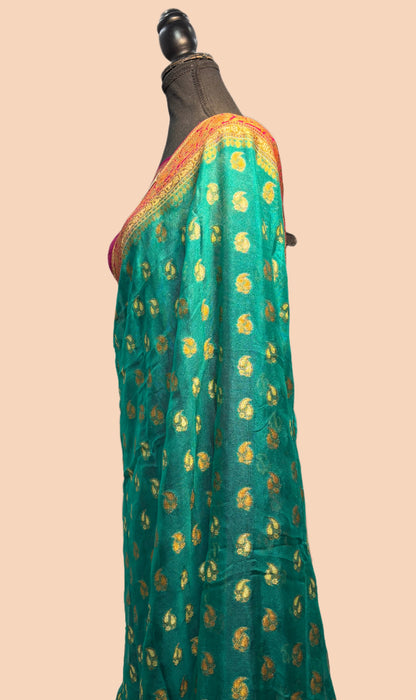 SeaGreen Pure Khaddi Chiffon Banarasi Saree - Antique Zari