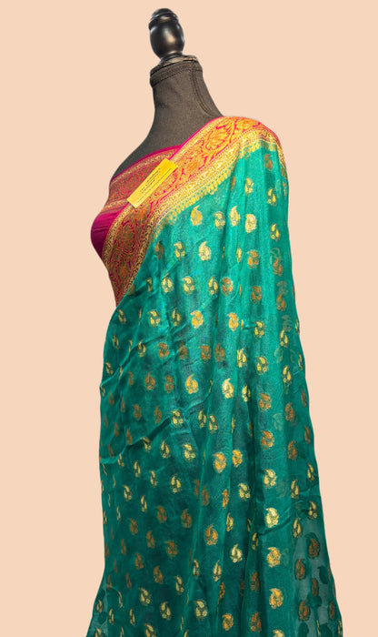 SeaGreen Pure Khaddi Chiffon Banarasi Saree - Antique Zari