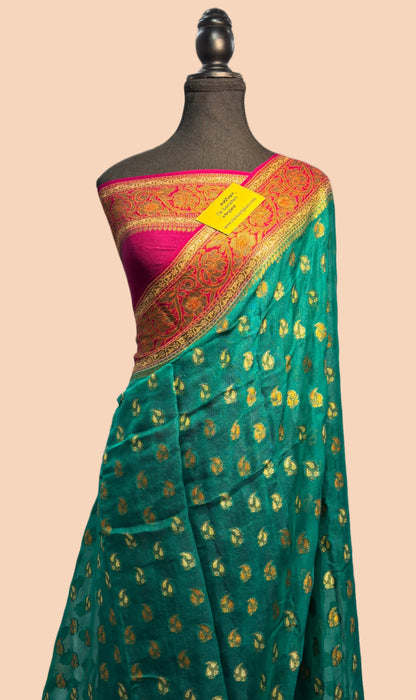 SeaGreen Pure Khaddi Chiffon Banarasi Saree - Antique Zari