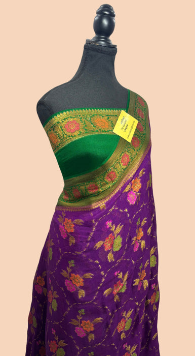 Purple Pure Khaddi Chiffon Banarasi Saree - Meenakari Work