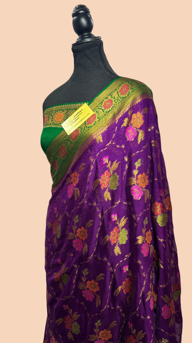 Purple Pure Khaddi Chiffon Banarasi Saree - Meenakari Work