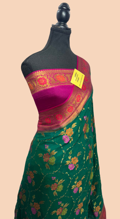Bottle Green Pure Khaddi Chiffon Banarasi Saree - Meenakari Work