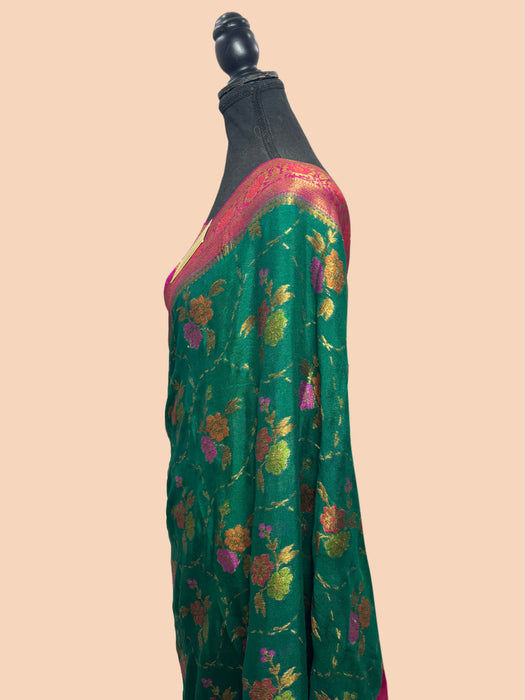 Bottle Green Pure Khaddi Chiffon Banarasi Saree - Meenakari Work