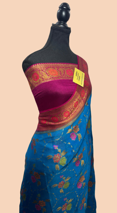Blue Pure Khaddi Chiffon Banarasi Saree - Meenakari Work