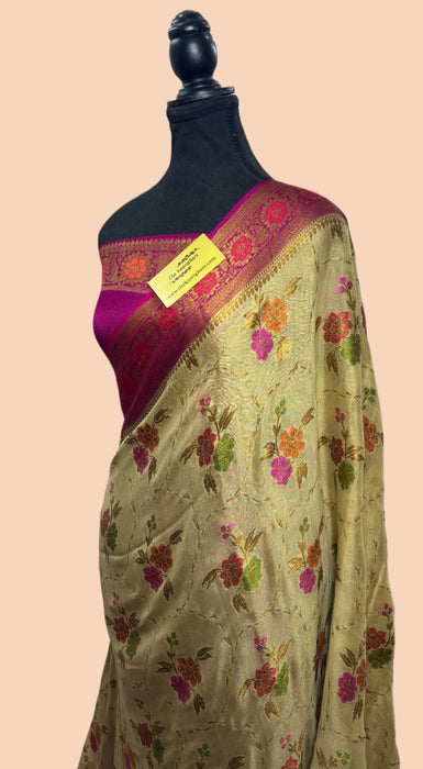 Cream Pure Khaddi Chiffon Banarasi Saree - Meenakari Work