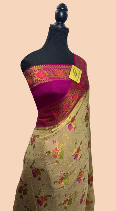 Cream Pure Khaddi Chiffon Banarasi Saree - Meenakari Work
