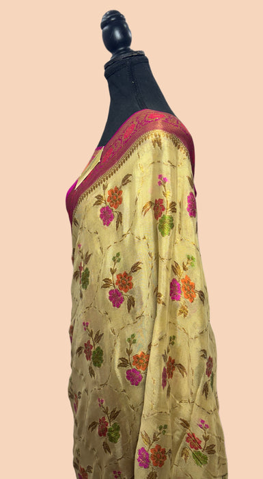 Cream Pure Khaddi Chiffon Banarasi Saree - Meenakari Work