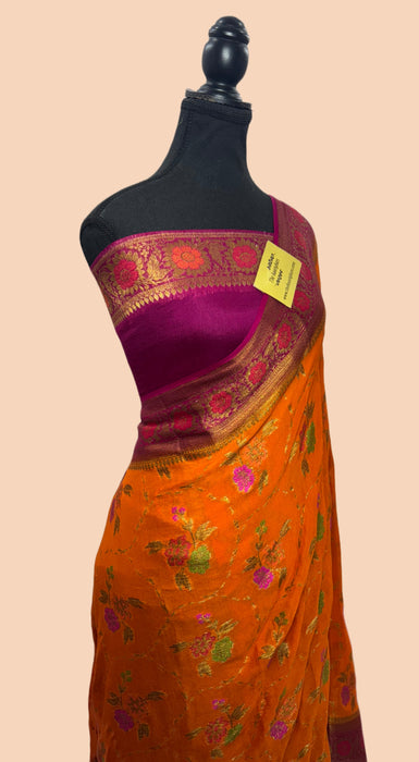 Dirty Orange Pure Khaddi Chiffon Banarasi Saree - Meenakari Work