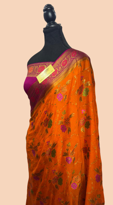 Dirty Orange Pure Khaddi Chiffon Banarasi Saree - Meenakari Work