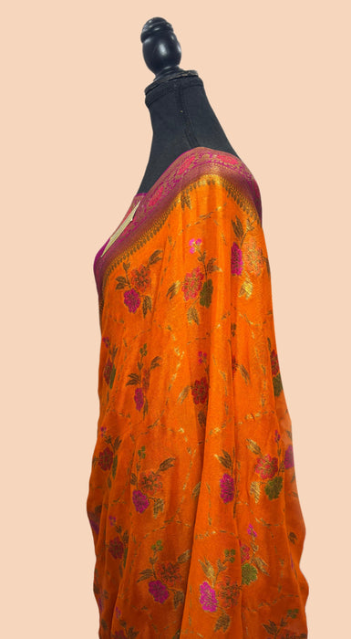 Dirty Orange Pure Khaddi Chiffon Banarasi Saree - Meenakari Work