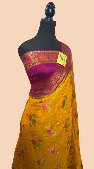 Persian Mustard Pure Khaddi Chiffon Banarasi Saree - Meenakari Work