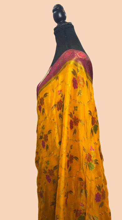 Persian Mustard Pure Khaddi Chiffon Banarasi Saree - Meenakari Work