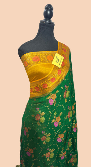 Green Pure Khaddi Chiffon Banarasi Saree - Meenakari Work