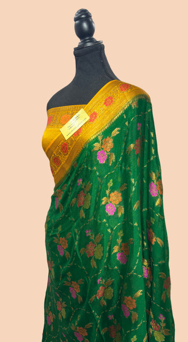 Green Pure Khaddi Chiffon Banarasi Saree - Meenakari Work
