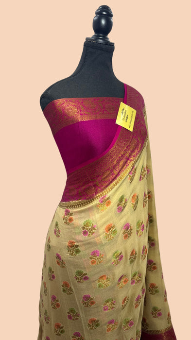Cream Pure Khaddi Chiffon Banarasi Saree - Meenakari Work