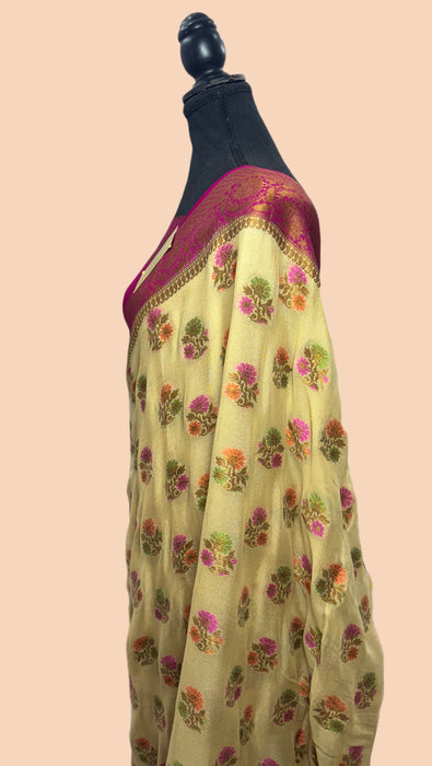 Cream Pure Khaddi Chiffon Banarasi Saree - Meenakari Work