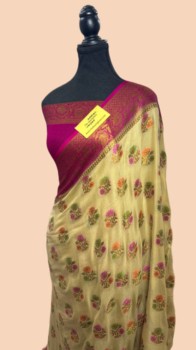 Cream Pure Khaddi Chiffon Banarasi Saree - Meenakari Work