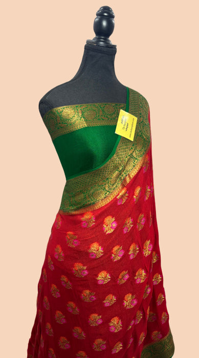 Red Pure Khaddi Chiffon Banarasi Saree - Meenakari Work