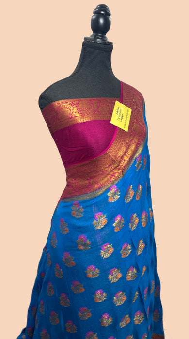 Blue Pure Khaddi Chiffon Banarasi Saree - Meenakari Work