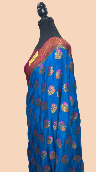 Blue Pure Khaddi Chiffon Banarasi Saree - Meenakari Work
