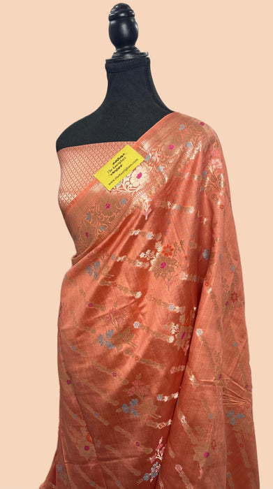 Peach Pure Chiniya Banarasi Handloom Saree