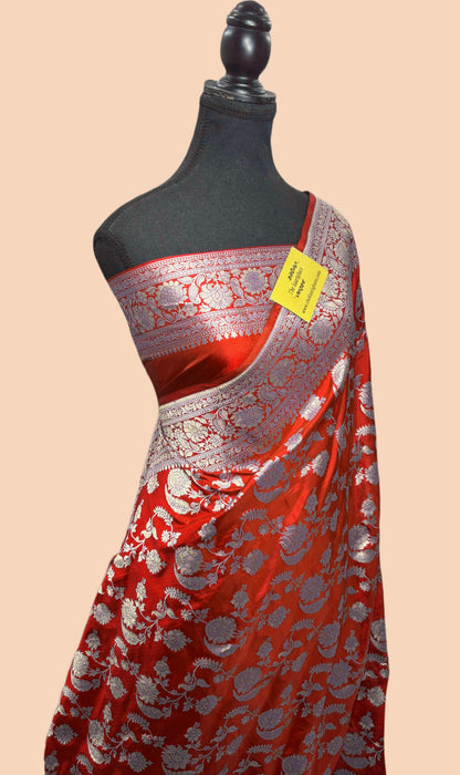 Red Pure Katan Banarasi Handloom Saree - Sona Jaal Work
