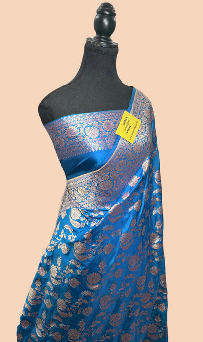 Venice Blue Pure Katan Banarasi Handloom Saree - Sona Jaal Work