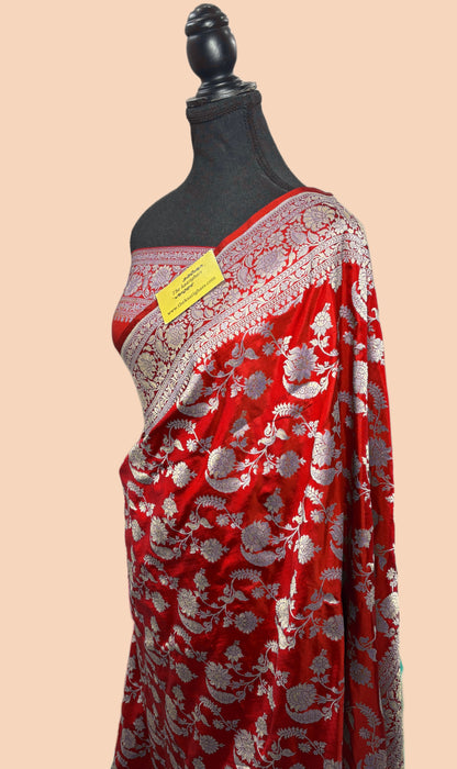 Red Pure Katan Banarasi Handloom Saree - Sona Jaal Work
