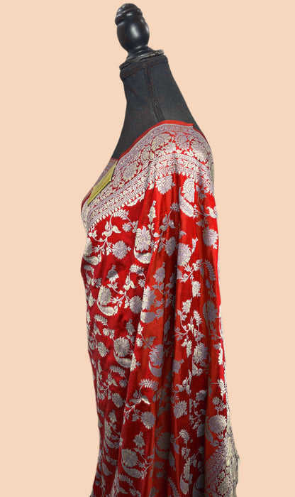 Red Pure Katan Banarasi Handloom Saree - Sona Jaal Work