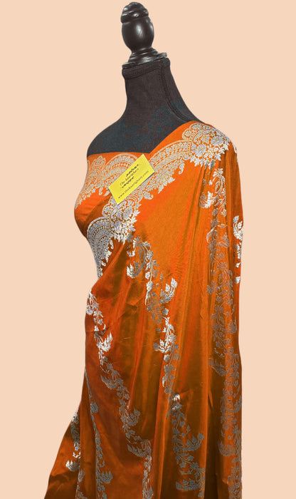 Spanish Orange Pure Katan Banarasi Handloom Saree - Kadiyal Jaal Work