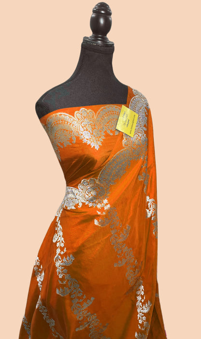 Spanish Orange Pure Katan Banarasi Handloom Saree - Kadiyal Jaal Work