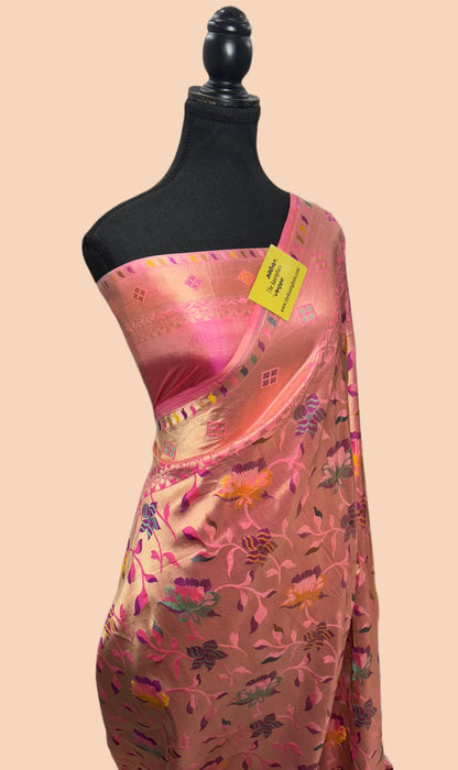 Pink Pure Katan Banarasi Handloom Saree - Brocade Meenakari