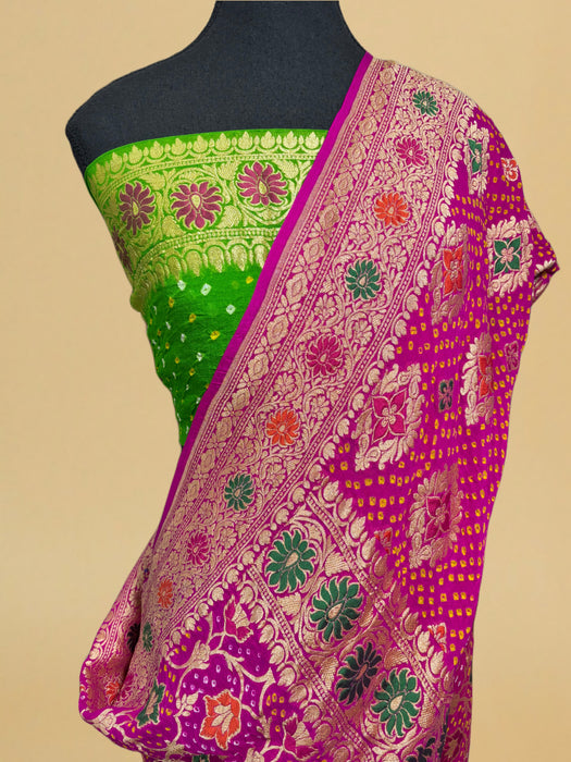 Handwoven Pure Georgette Bandhani Banarasi Saree - Six Shade Meenakari Work