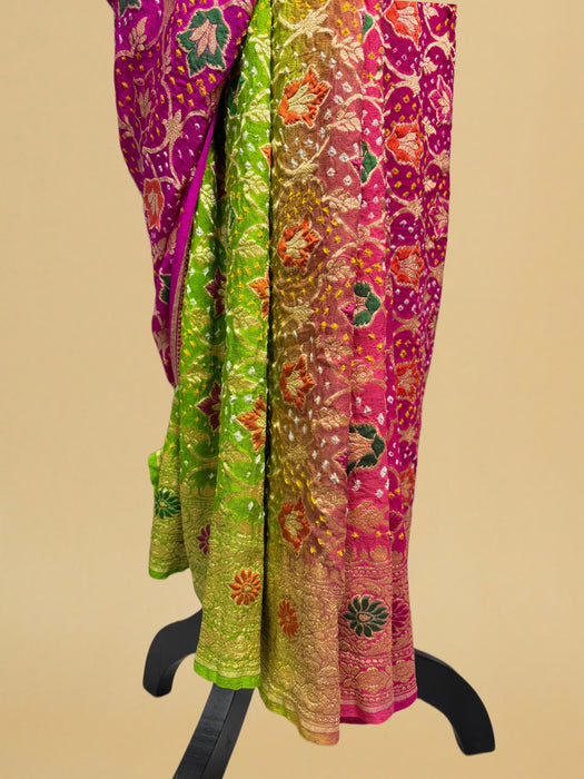Handwoven Pure Georgette Bandhani Banarasi Saree - Six Shade Meenakari Work
