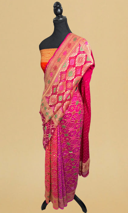 Handwoven Pure Georgette Bandhani Banarasi Saree - Six Shade Meenakari Work