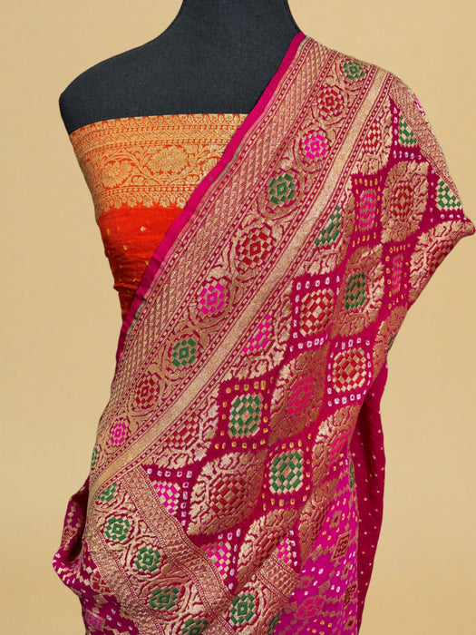 Handwoven Pure Georgette Bandhani Banarasi Saree - Six Shade Meenakari Work