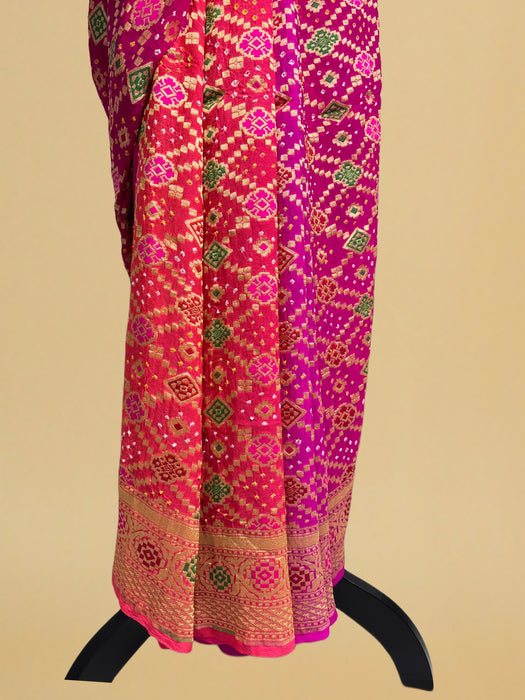 Handwoven Pure Georgette Bandhani Banarasi Saree - Six Shade Meenakari Work