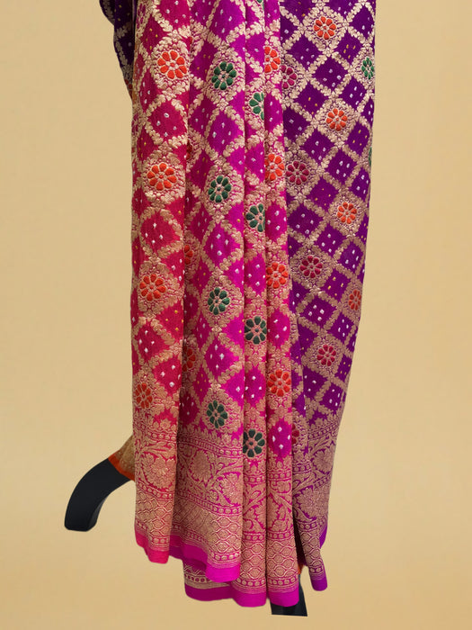 Handwoven Pure Georgette Bandhani Banarasi Saree - Six Shade Meenakari Work