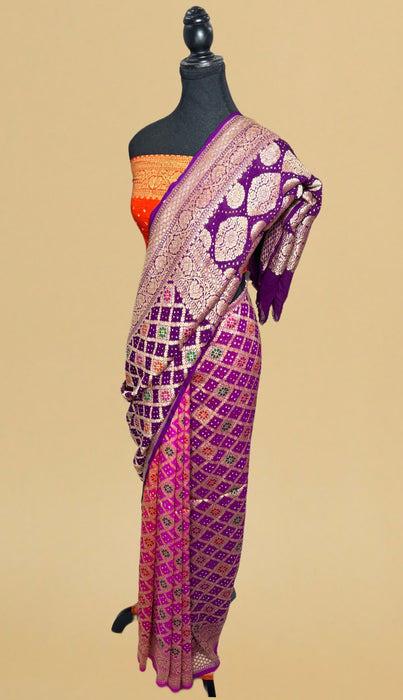 Handwoven Pure Georgette Bandhani Banarasi Saree - Six Shade Meenakari Work