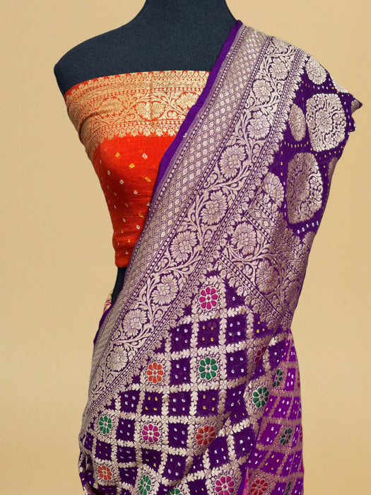 Handwoven Pure Georgette Bandhani Banarasi Saree - Six Shade Meenakari Work